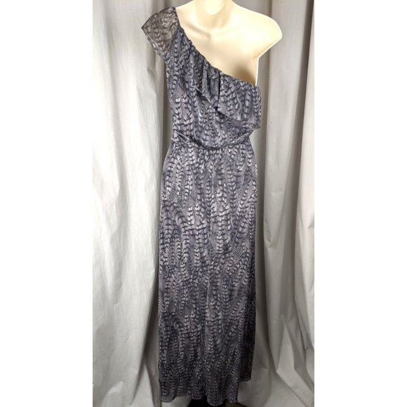 Anthropologie Sweet Pea Gray Maxi Dress M feather print one shoulder ruffles - Picture 2 of 5